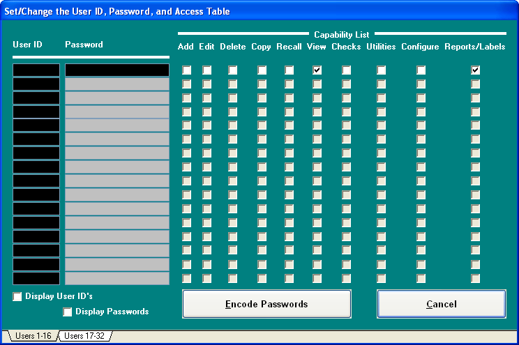 User ID and Password Table -- up to 32 distinct user IDs