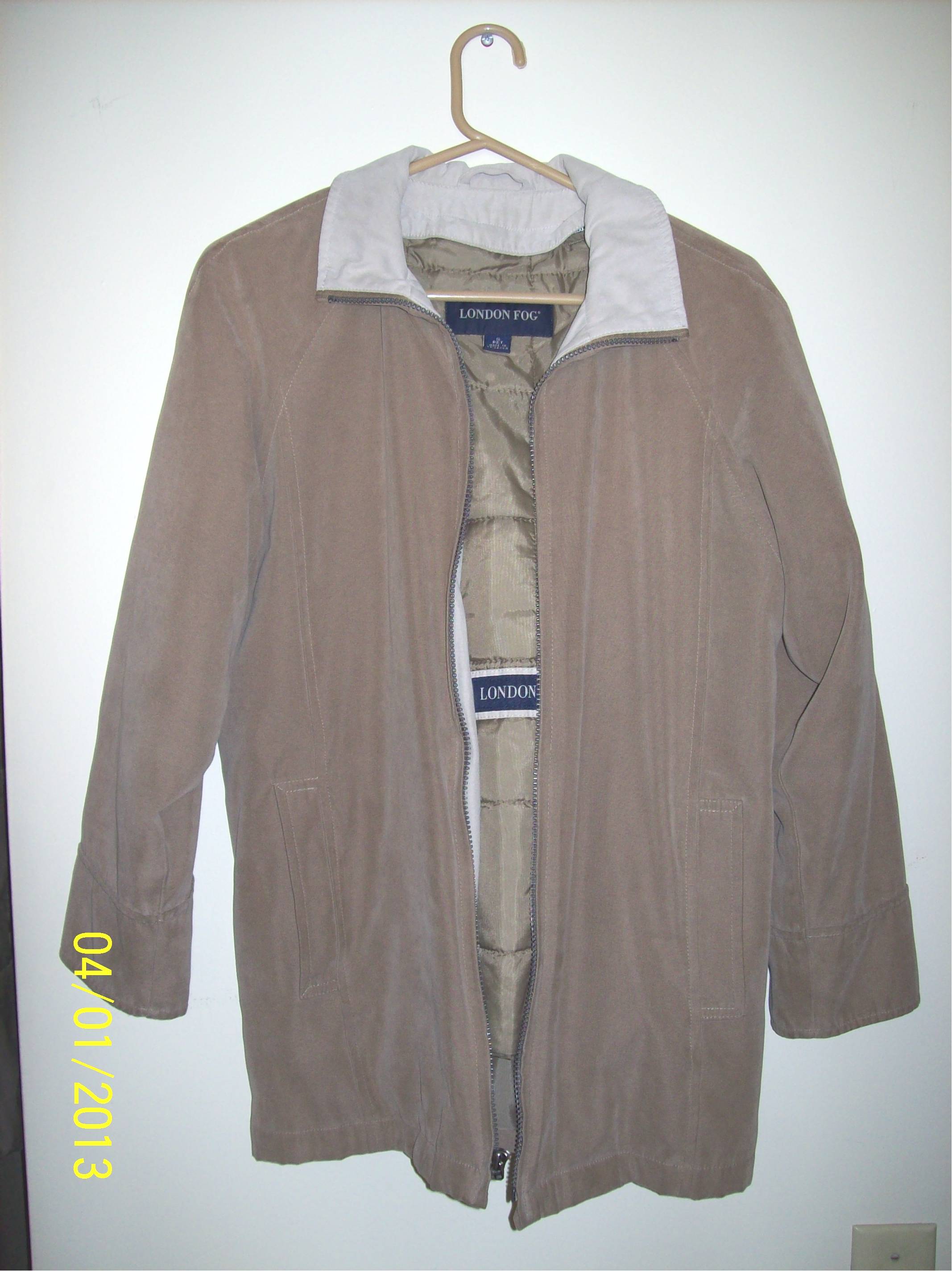 London Fog Faux Suede Jacket Tan/Beige Zip Out Liner no Hood -- Small/Petite