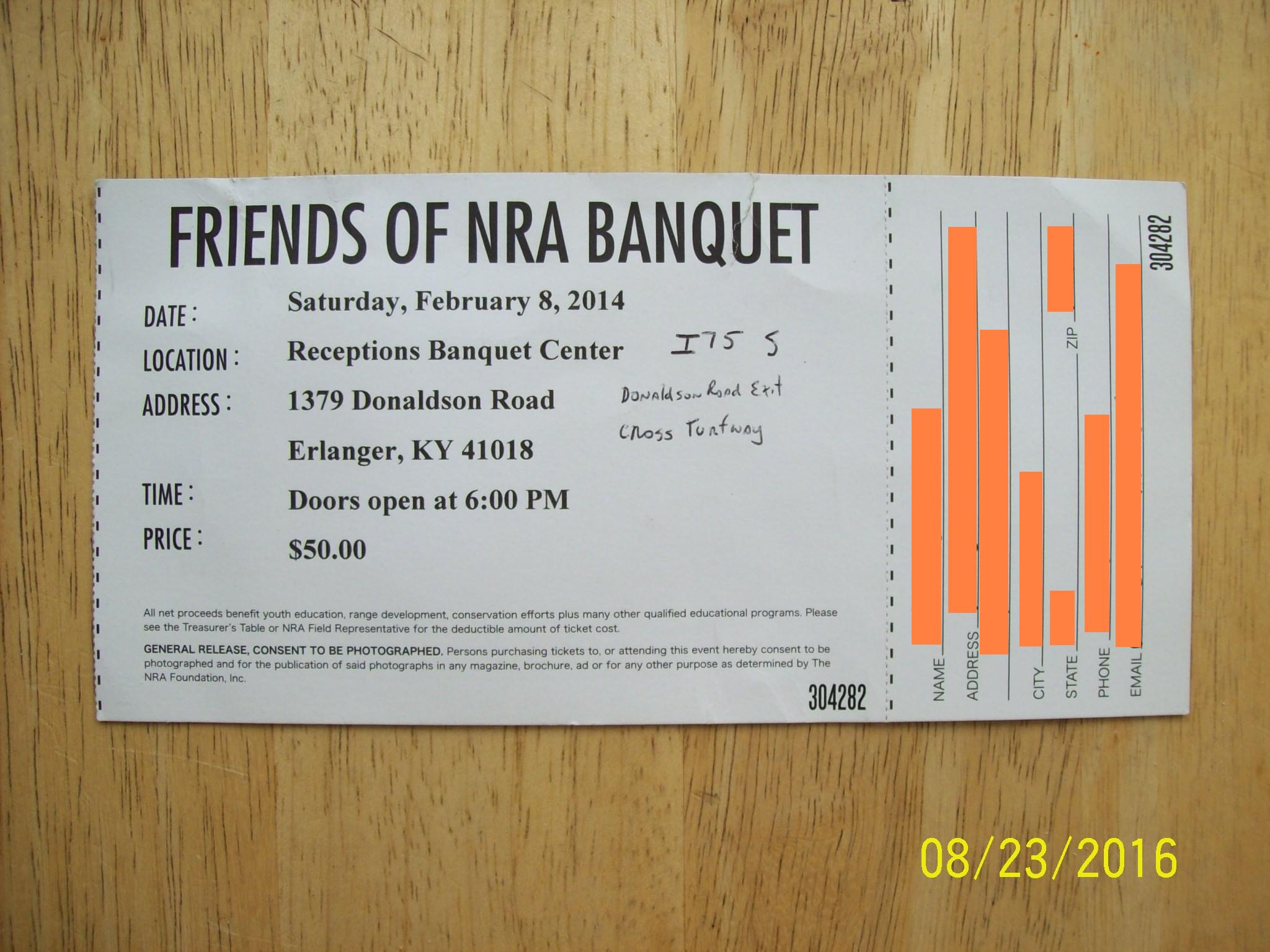 Friends of NRA 20th Anniversary shirt (1994-2014) banquet ticket and 4 stickers