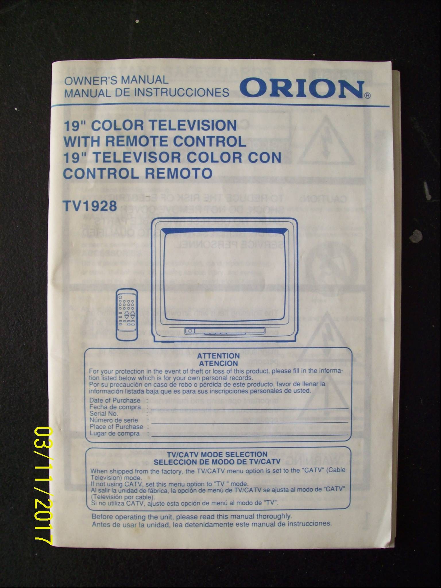Orion 076R074150 Remote, man TV1928 MT1120 TVM1903A TV1329 COM2551 VR213 WT1902
