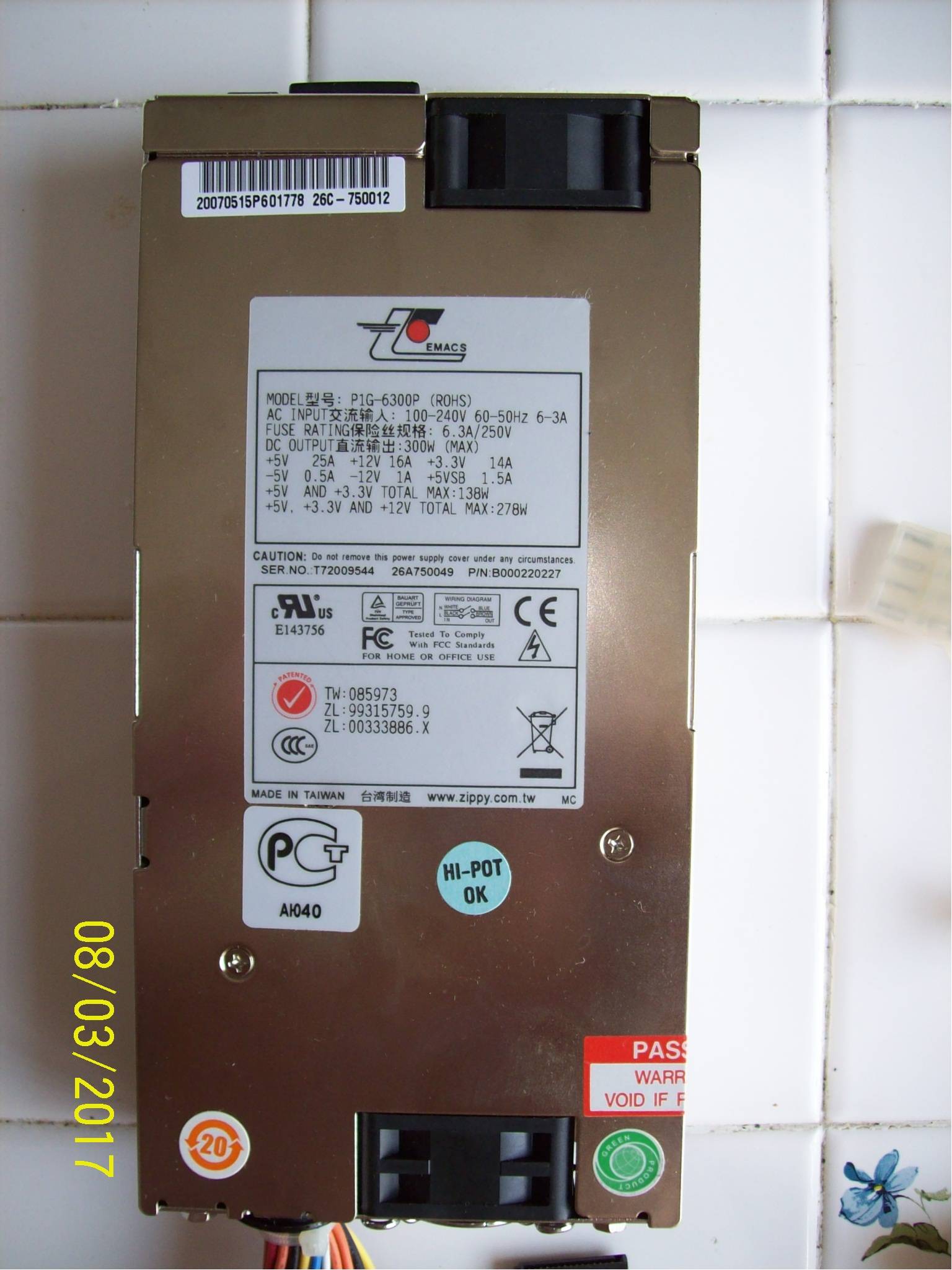 Juniper WX-20 Power Supply P1G-6300P 300W 6.3A/250V 100-240V 60-50Hz 6-3A